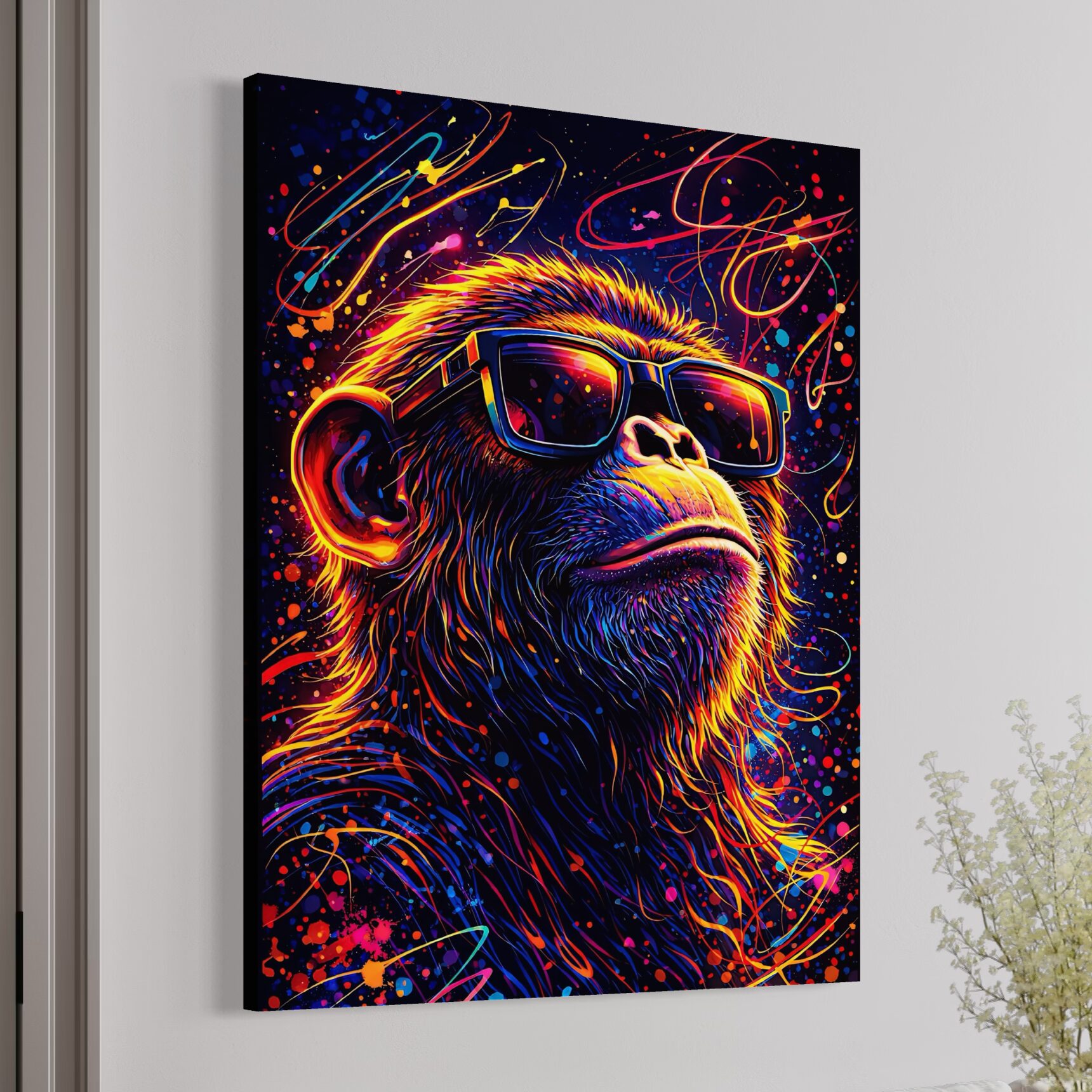 Vue latérale du tableau Monkey Star représentant un singe avec lunettes de soleil, couleurs néon, éclaboussures pop art et ambiance street art sur un mur moderne.