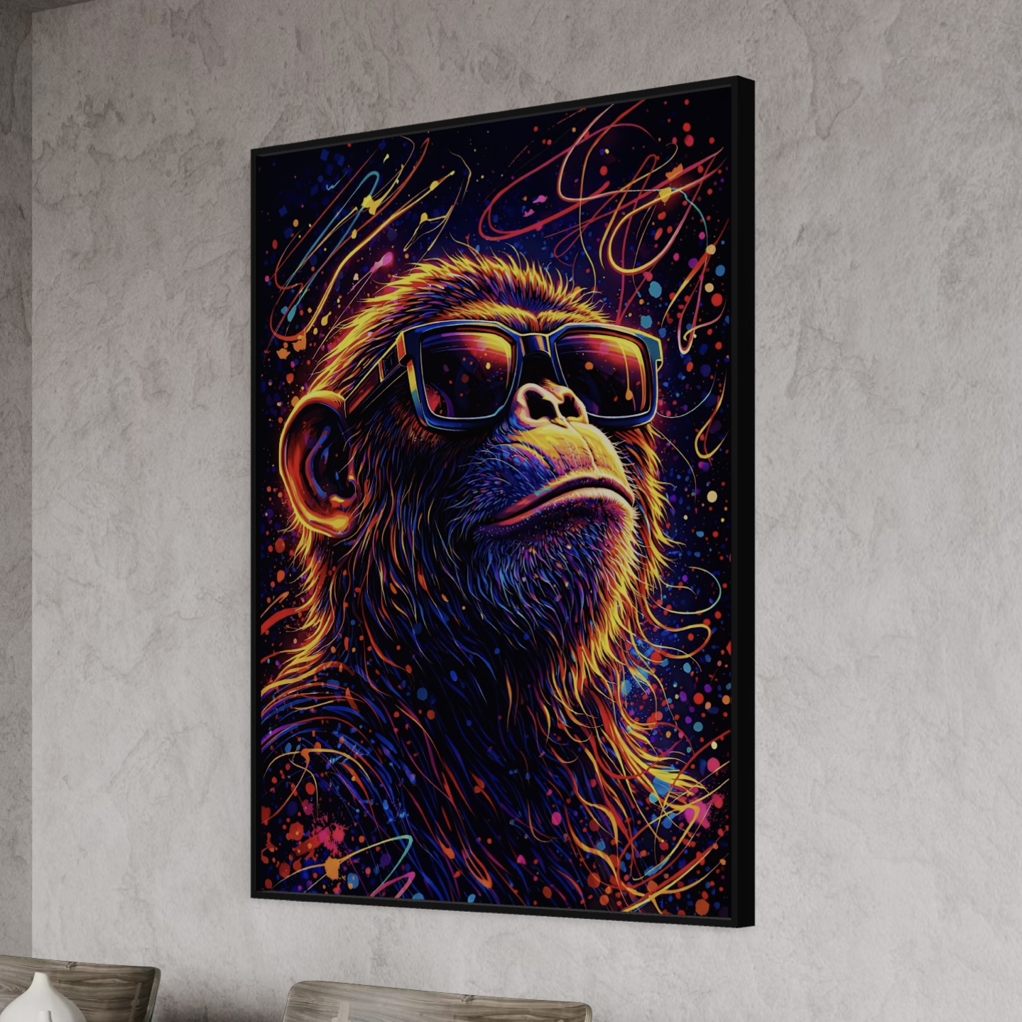 Vue latérale du tableau Monkey Star encadré noir représentant un singe avec lunettes de soleil, couleurs néon, éclaboussures pop art et ambiance street art dans une salle à manger moderne.