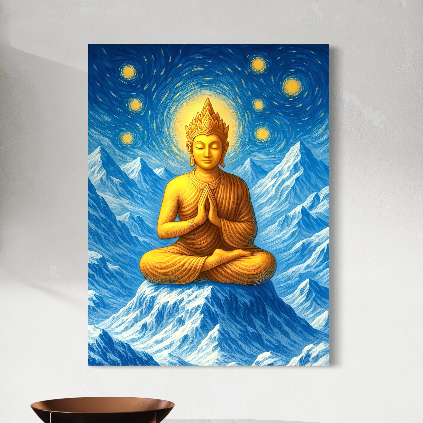 Tableau Bouddha Méditation – Sommet Intérieur | SPEKTRA Tableau Sommet Intérieur représentant un Bouddha doré en méditation sur un sommet enneigé sous un ciel bleu étoilé inspiré de l'art spirituel.