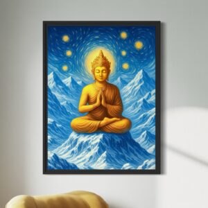 Tableau Sommet Intérieur encadré représentant un Bouddha en méditation au cœur des montagnes dans une décoration zen et contemporaine.