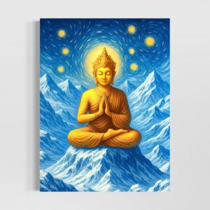 Tableau Sommet Intérieur représentant un Bouddha doré en méditation au sommet d'une montagne sous un ciel étoilé inspiré de Van Gogh.
