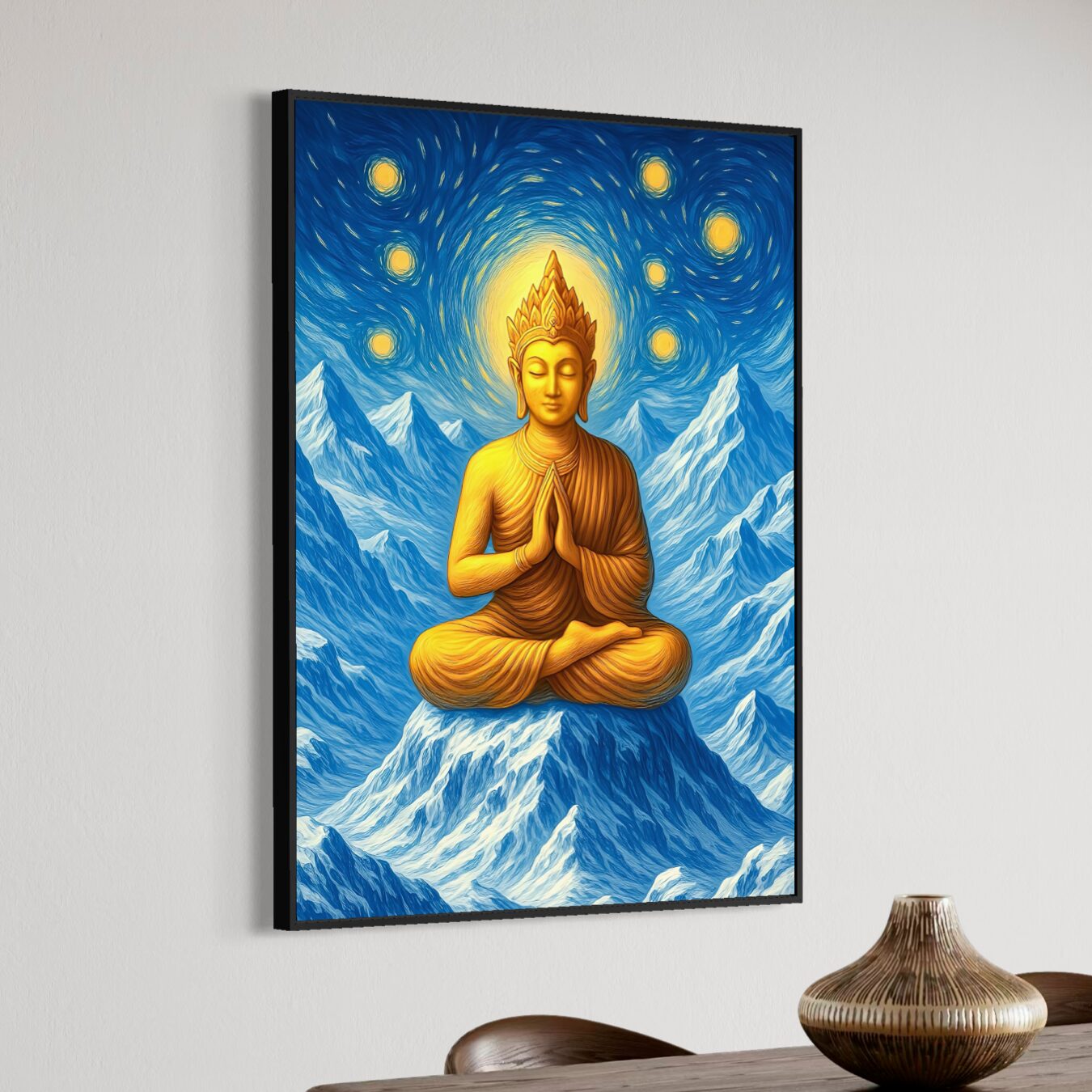 Tableau Bouddha Méditation – Sommet Intérieur | SPEKTRA Tableau Sommet Intérieur représentant un Bouddha doré en méditation au sommet de montagnes enneigées sous un ciel étoilé aux spirales lumineuses.