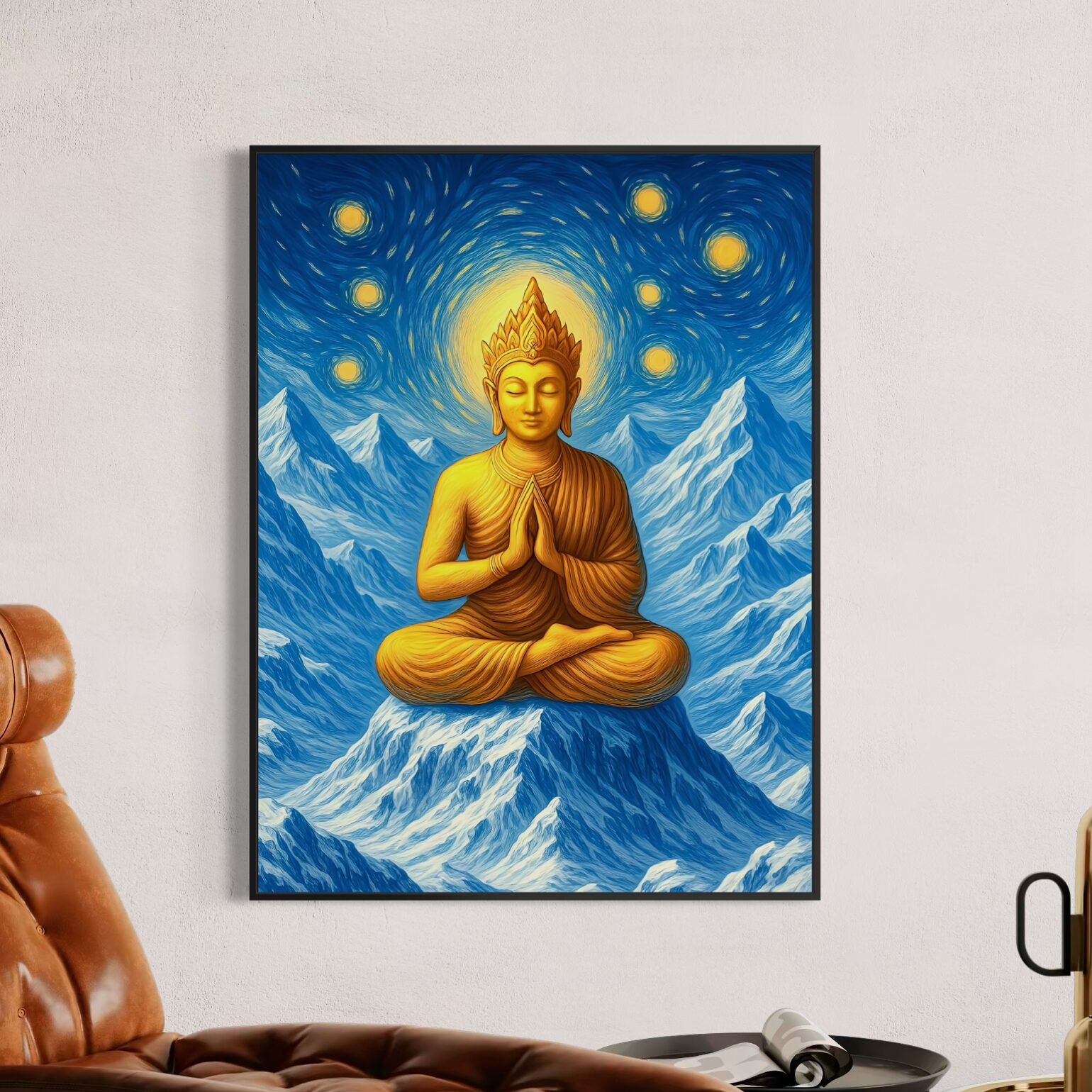 Tableau Bouddha Méditation – Sommet Intérieur | SPEKTRA Tableau Sommet Intérieur représentant un Bouddha doré en méditation devant des montagnes enneigées sous un ciel étoilé lumineux dans un cadre noir.