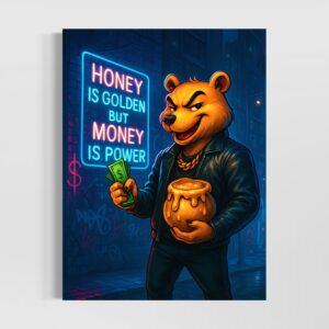 Tableau Honey Money représentant un ours street art tenant du cash et un pot de miel devant une enseigne néon dans une ambiance urbaine pop art contemporaine.