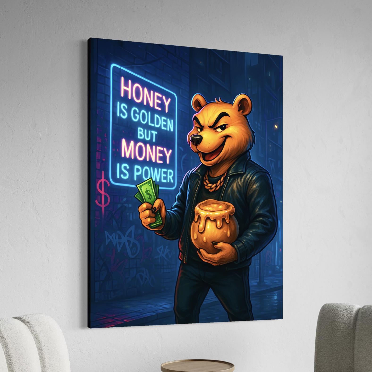 Tableau Honey Money représentant un ours street art tenant des billets et un pot de miel devant une enseigne néon symbolisant l’ambition, la réussite financière et l’esprit entrepreneurial.