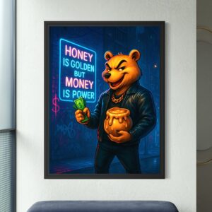 Tableau street art Honey Money représentant un ours tenant des billets et un pot de miel devant une enseigne néon dans une ambiance urbaine pop art contemporaine.