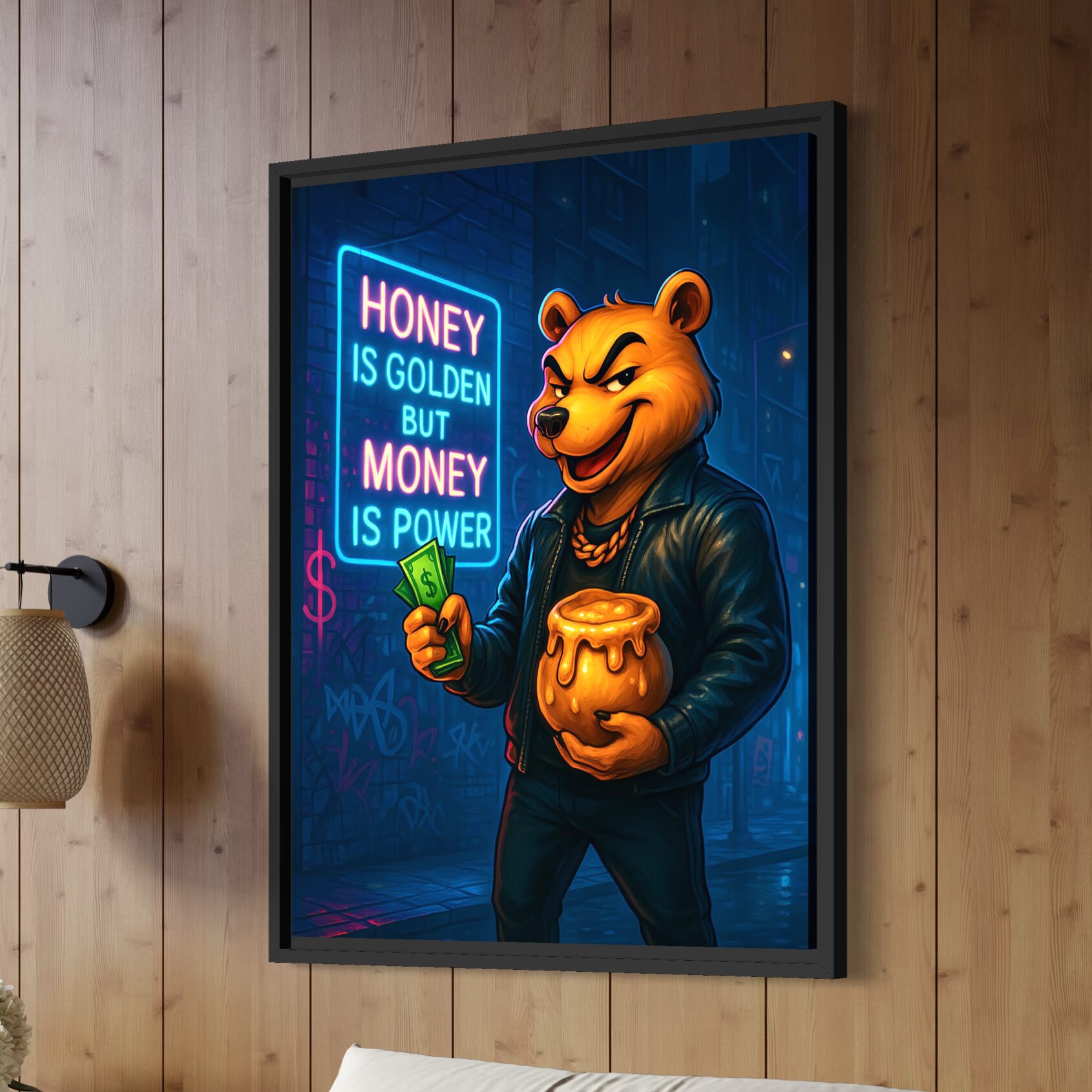 Tableau Honey Money représentant un ours street art tenant des billets et un pot de miel devant une enseigne néon dans un décor urbain inspiré du business et de la réussite financière.