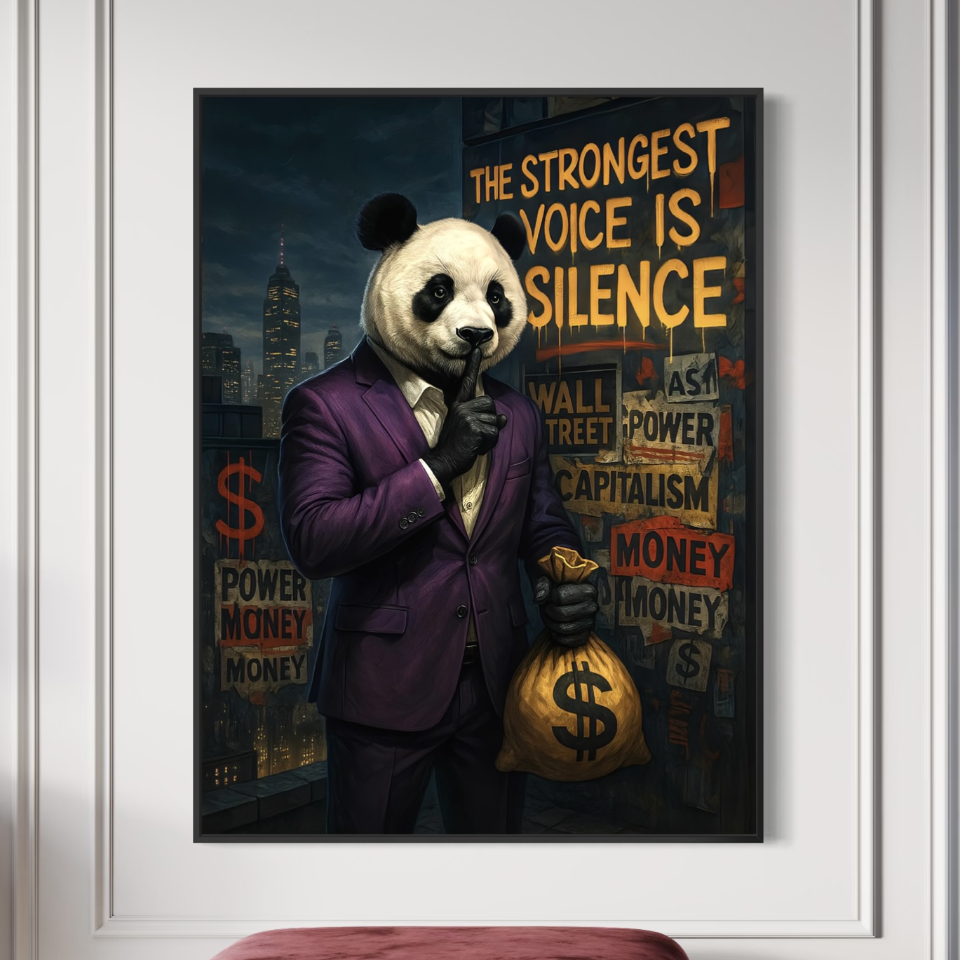 Tableau street art panda Pouvoir Silencieux représentant un panda en costume avec sac d’argent dans un univers inspiré de la finance, du pouvoir et de la réussite moderne.