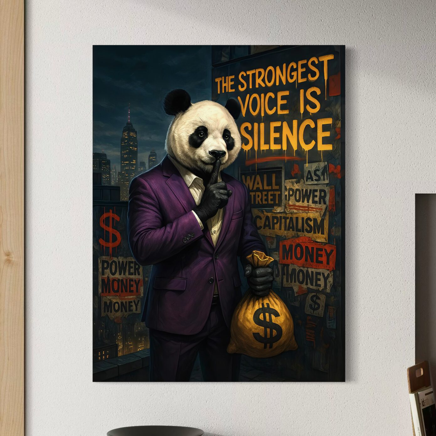 Tableau street art panda Pouvoir Silencieux représentant un panda en costume violet tenant un sac d’argent dans un univers urbain inspiré du pouvoir, de la finance, de l’ambition et de la réussite.