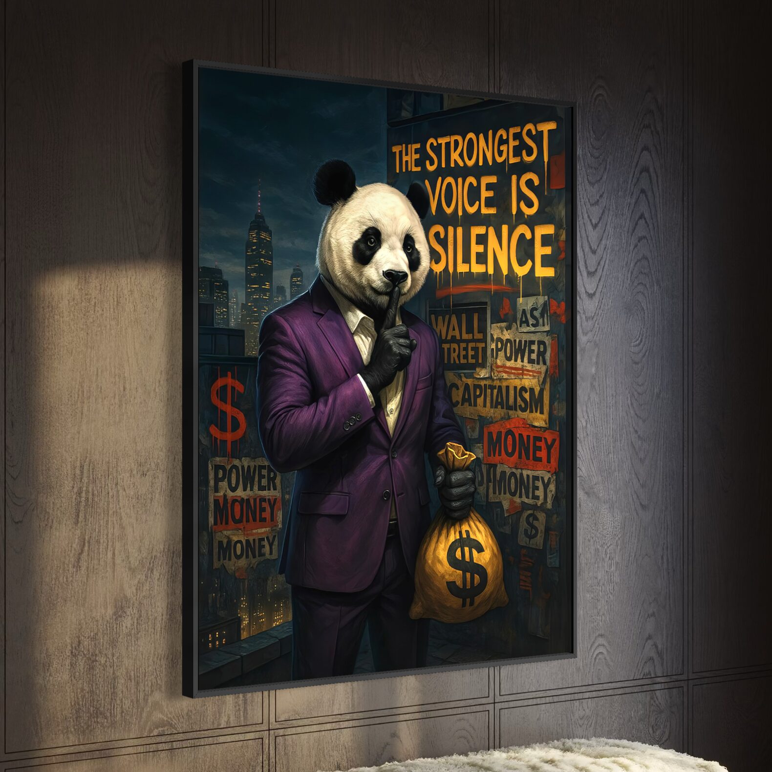 Tableau street art panda Pouvoir Silencieux encadré dans un intérieur contemporain, représentant un panda en costume avec un sac d’argent dans un univers inspiré du pouvoir, de la finance et de la réussite.