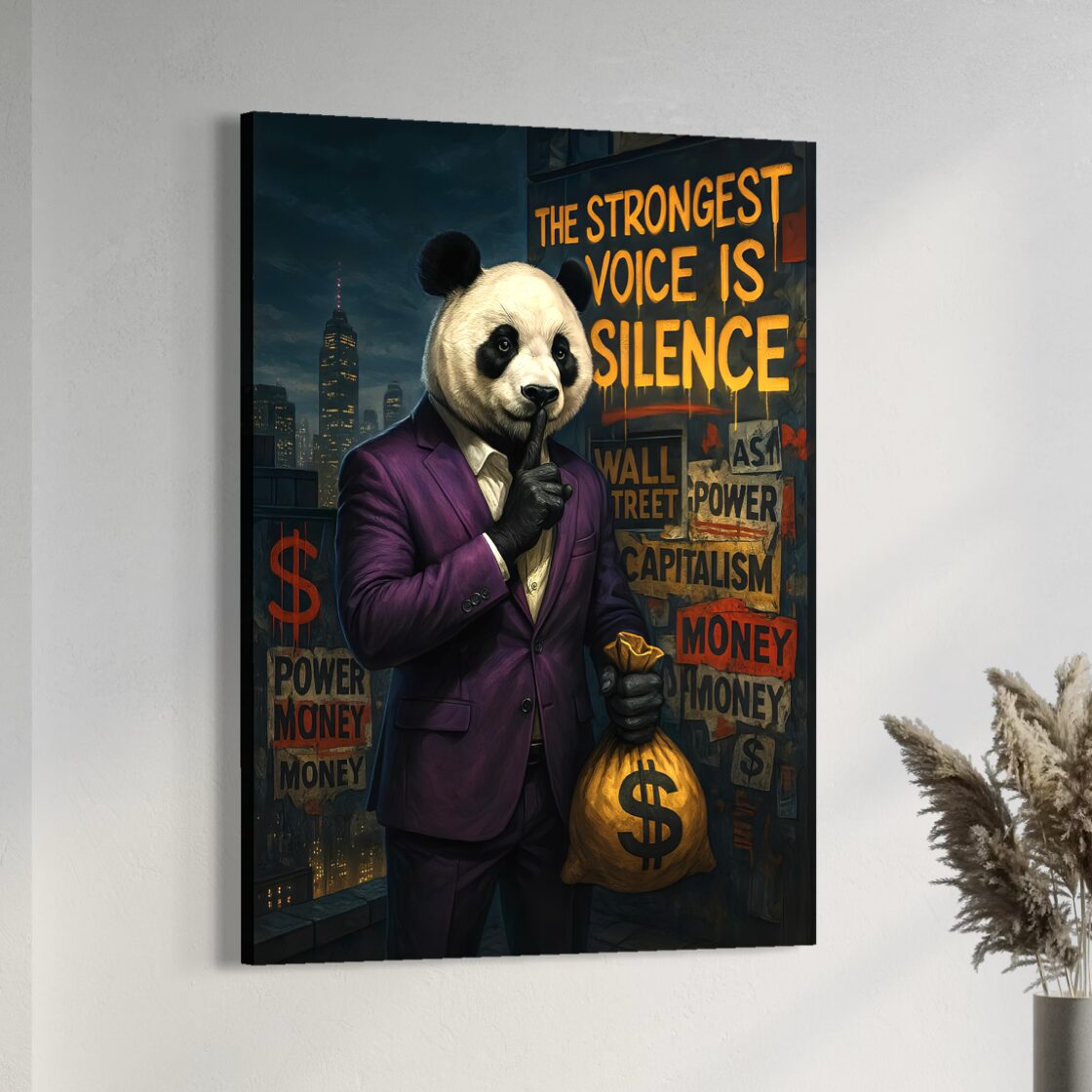 Tableau street art panda Pouvoir Silencieux imprimé sur toile premium représentant un panda en costume avec un sac d’argent dans un univers inspiré de la finance, du pouvoir et de la réussite.