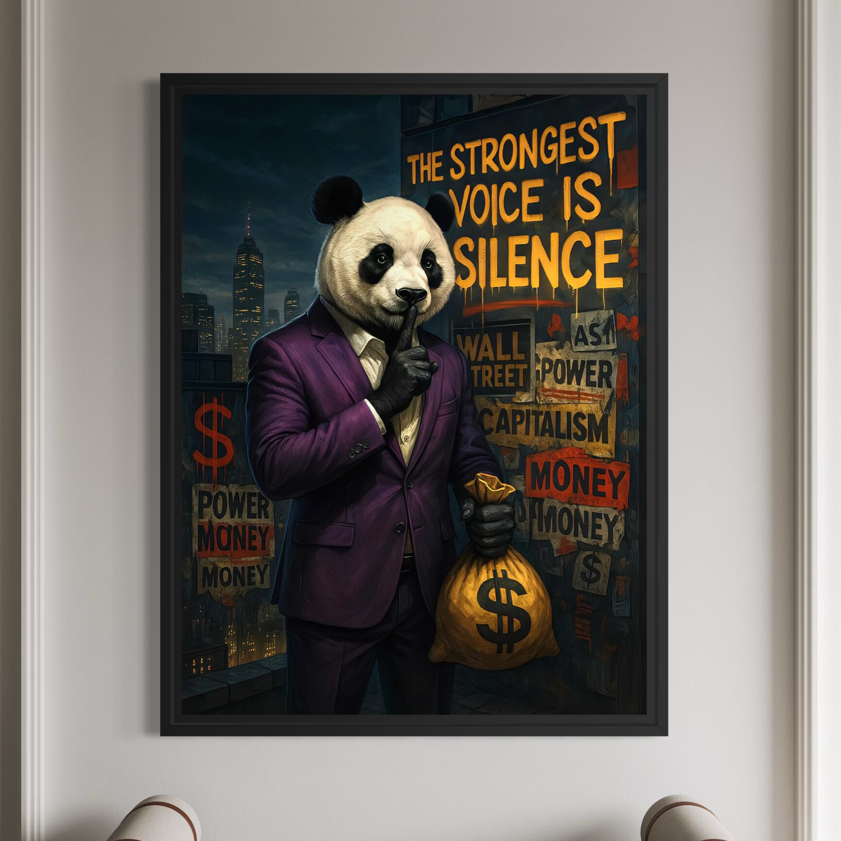 Tableau street art moderne représentant un panda en costume violet tenant un sac d’argent devant un décor urbain inspiré de Wall Street et du pouvoir financier.