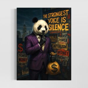 Tableau street art moderne Pouvoir Silencieux représentant un panda en costume tenant un sac d’argent devant une fresque urbaine évoquant pouvoir, ambition et réussite.