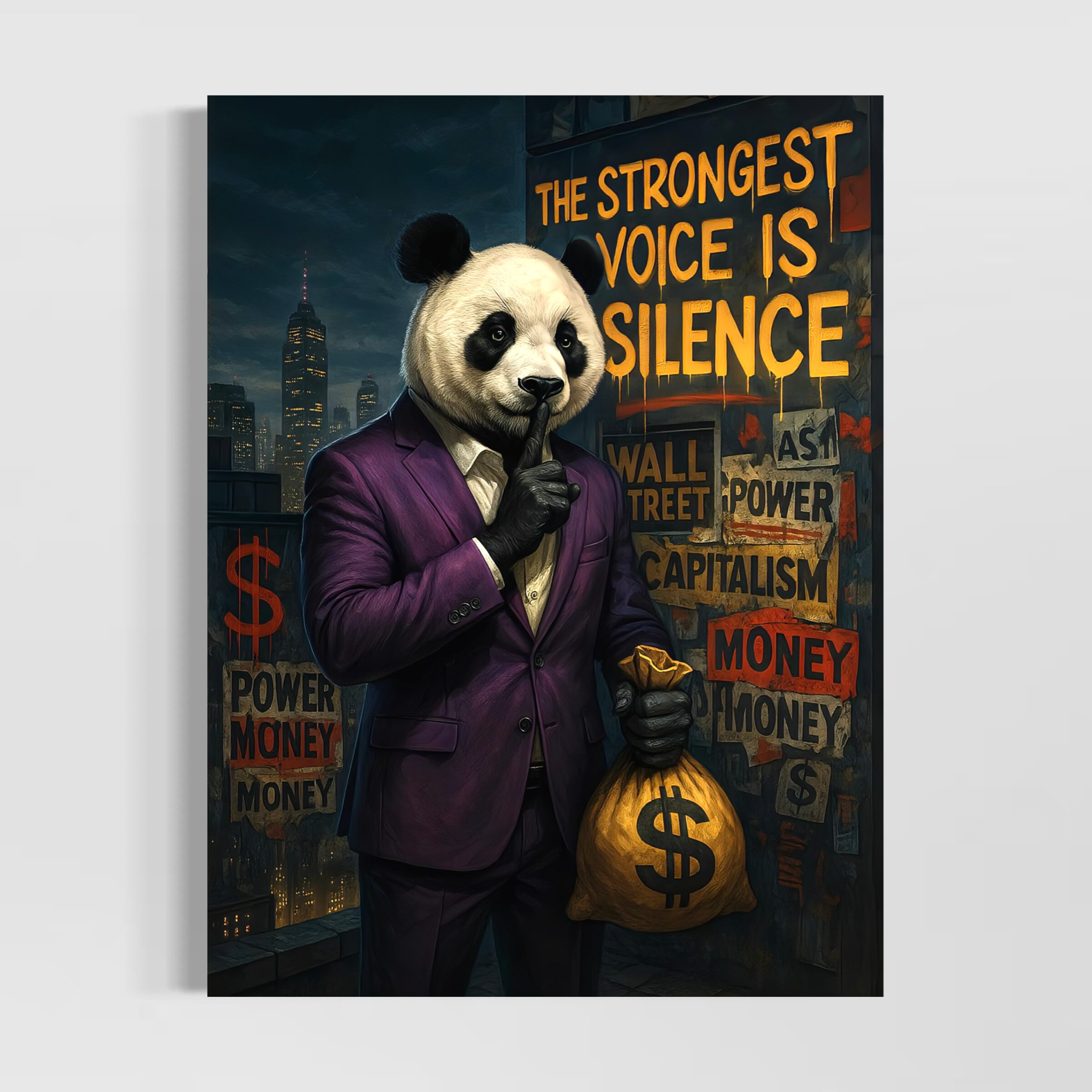 Tableau street art moderne Pouvoir Silencieux représentant un panda en costume tenant un sac d’argent devant une fresque urbaine évoquant pouvoir, ambition et réussite.