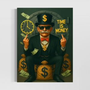 Tableau street art Time Is Money représentant un homme d’affaires assis devant un coffre-fort entouré d’argent et d’une horloge symbolisant la réussite financière