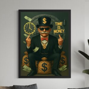 Tableau street art Time Is Money encadré dans un salon moderne représentant un homme d’affaires entouré de symboles de richesse et d’une horloge
