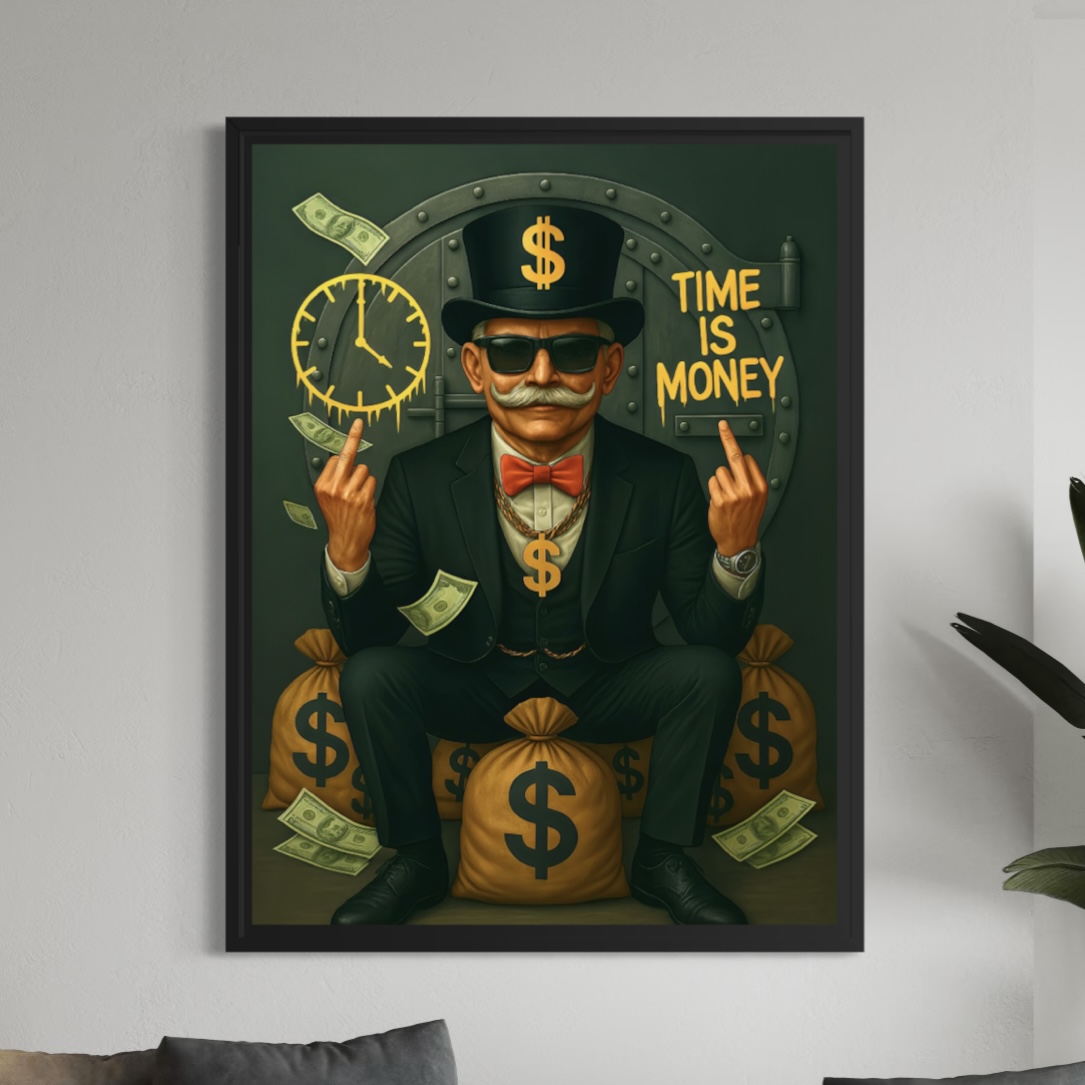 Tableau Street Art Time Is Money – Finance et Réussite Tableau street art Time Is Money encadré dans un salon moderne représentant un homme d’affaires entouré de symboles de richesse et d’une horloge