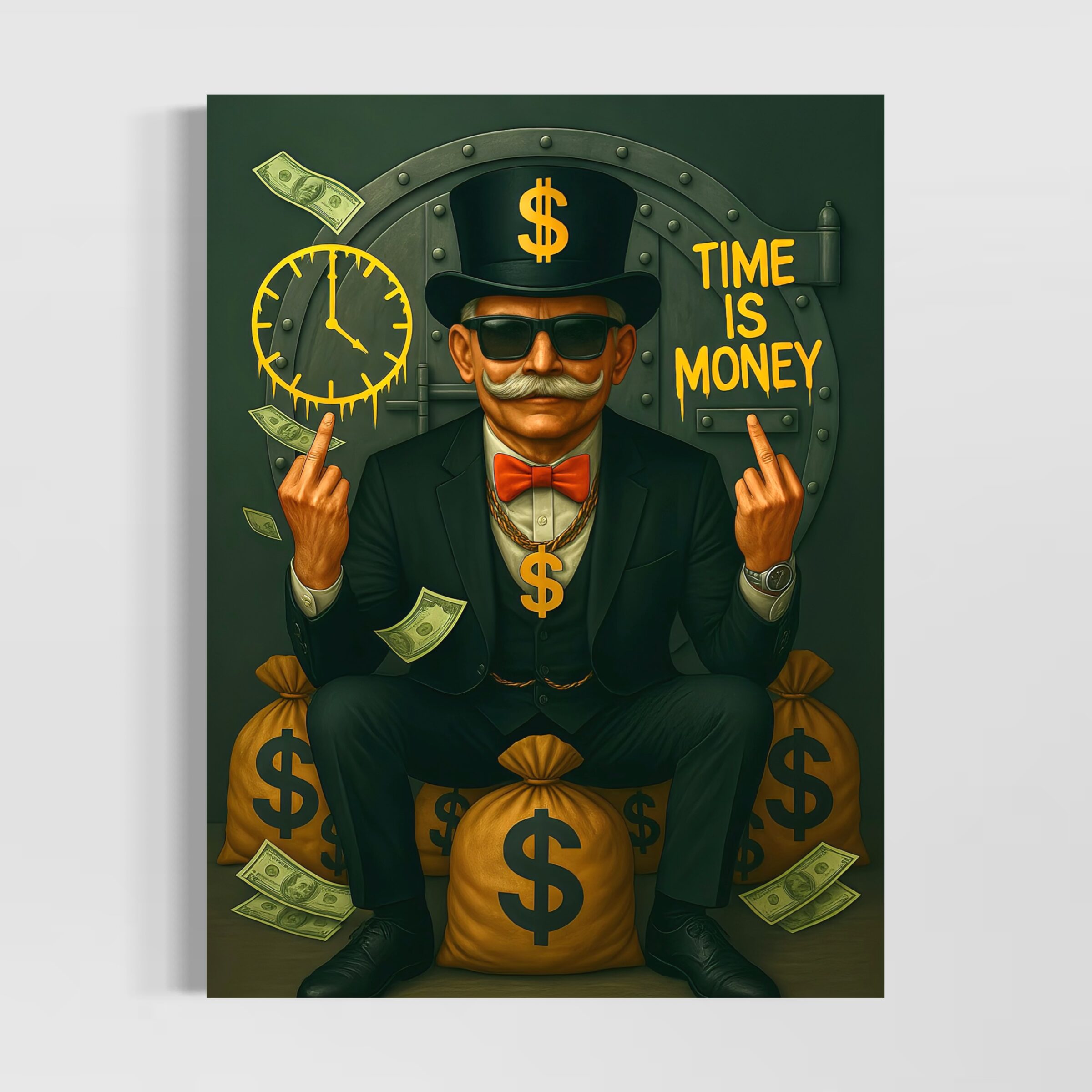 Tableau Street Art Time Is Money – Finance et Réussite Tableau street art Time Is Money représentant un homme d’affaires assis devant un coffre-fort entouré d’argent et d’une horloge symbolisant la réussite financière