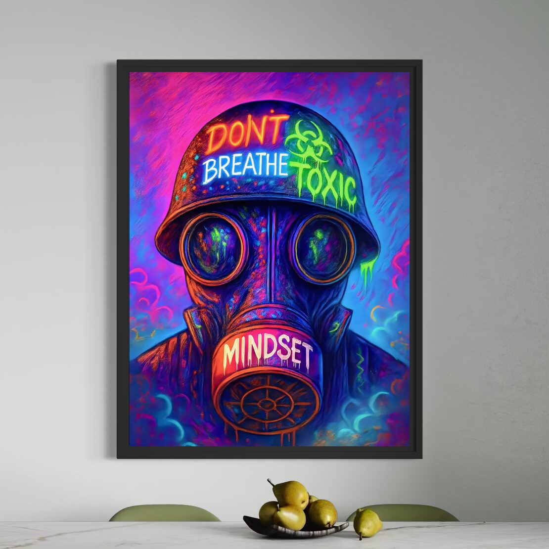 Tableau street art Toxic Mindset avec masque à gaz néon exposé dans une salle à manger contemporaine