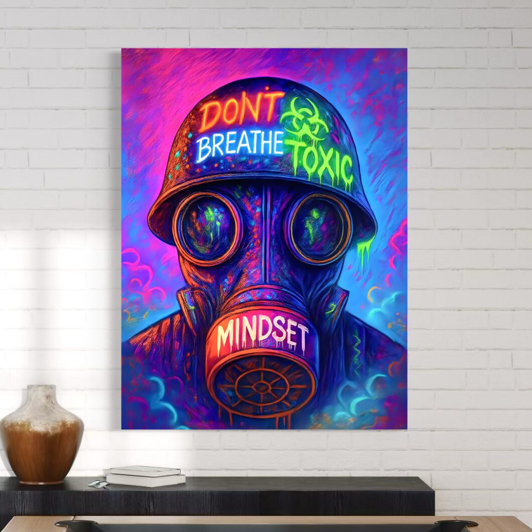 Tableau street art Toxic Mindset avec masque à gaz néon exposé dans un salon contemporain au style moderne
