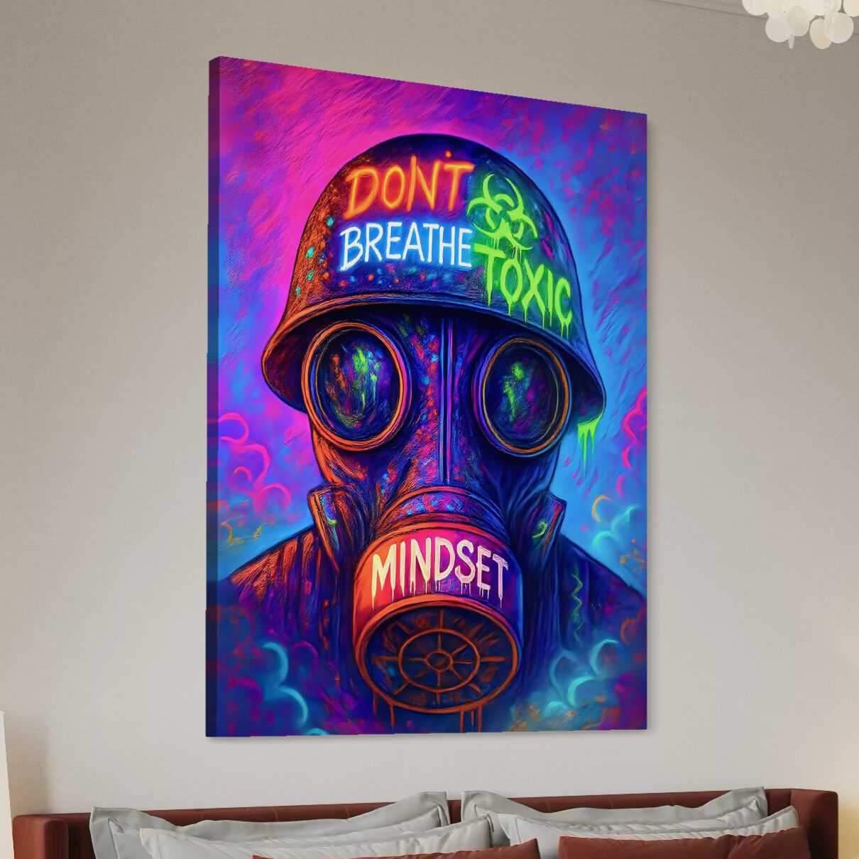 Tableau street art Toxic Mindset imprimé sur toile canvas avec masque à gaz néon et couleurs fluorescentes éclatantes
