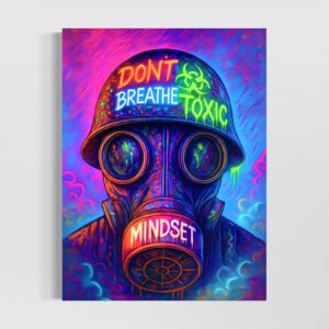 Tableau street art Toxic Mindset représentant un masque à gaz coloré avec inscriptions néon et ambiance urbaine contemporaine