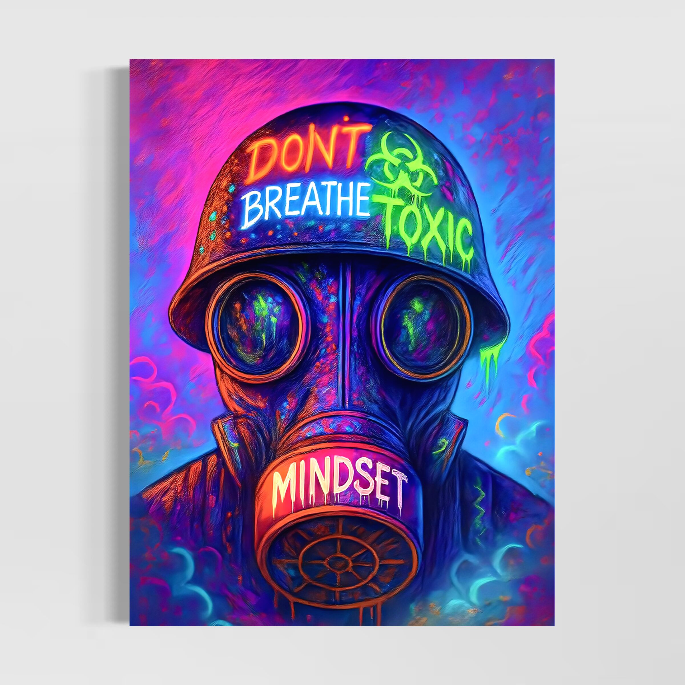 Tableau street art Toxic Mindset représentant un masque à gaz coloré avec inscriptions néon et ambiance urbaine contemporaine