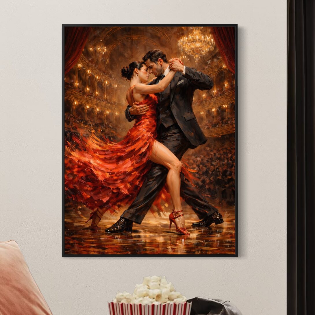 Tableau Fièvre Tango représentant un couple dansant le tango avec une robe rouge en mouvement, dans une salle élégante illuminée par des lustres dorés. Tableau Fièvre Tango représentant un couple dansant le tango, avec robe rouge en mouvement, lumière dorée, ambiance romantique et décor de salle de bal.
