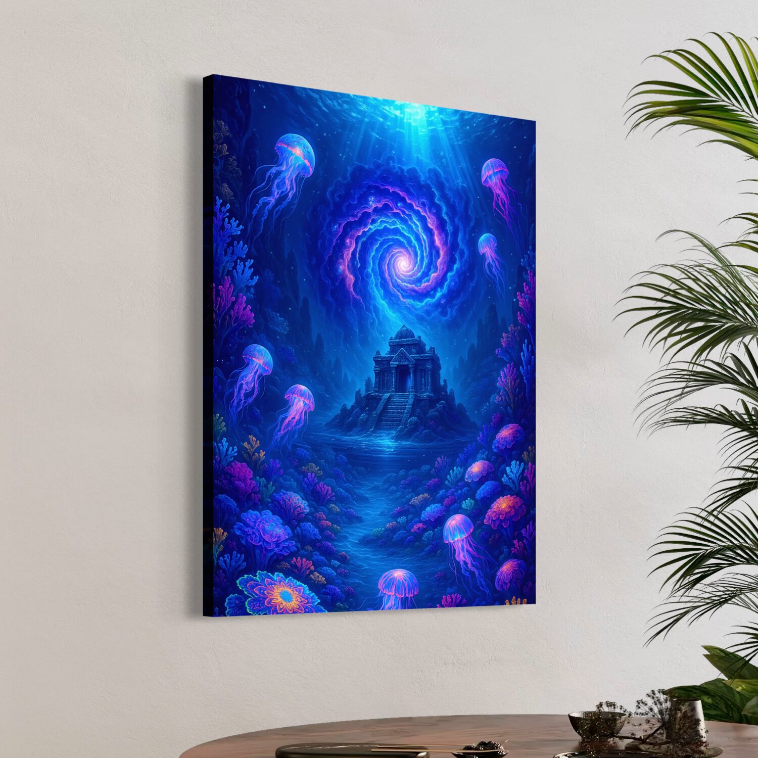Tableau Monde Sous-Marin Appel des Abysses – Océan Fantastique | SPEKTRA Tableau Appel des Abysses représentant un temple englouti entouré de méduses lumineuses dans les profondeurs océaniques