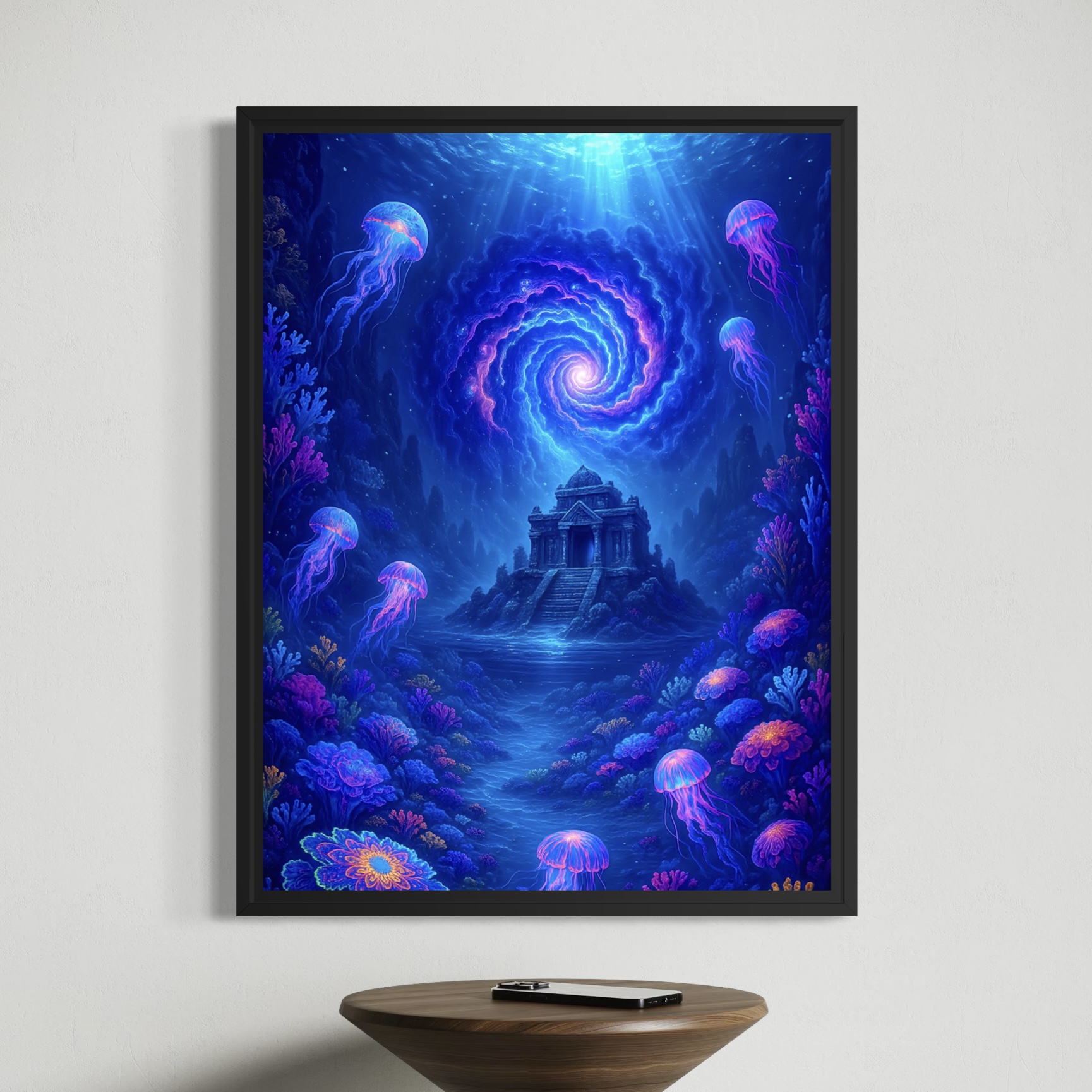 Tableau Monde Sous-Marin Appel des Abysses – Océan Fantastique | SPEKTRA Tableau Appel des Abysses avec temple englouti, vortex lumineux et méduses fluorescentes dans un univers sous-marin fantastique