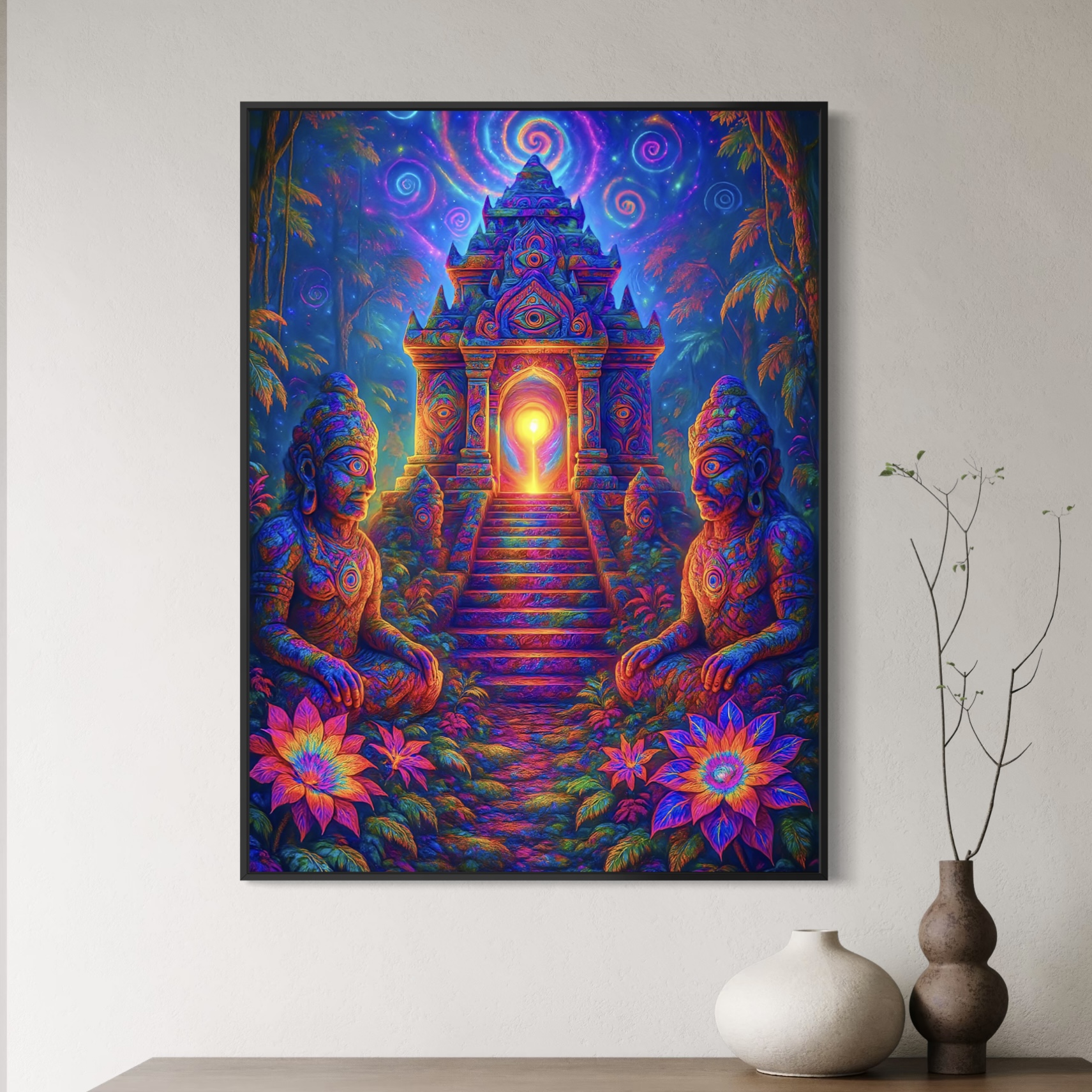 Tableau Temple Visionnaire Encadré – Sanctuaire Lumineux Tableau Temple Visionnaire installé au-dessus d’une console avec vases, représentant un sanctuaire lumineux entouré de statues mystiques et de fleurs colorées.