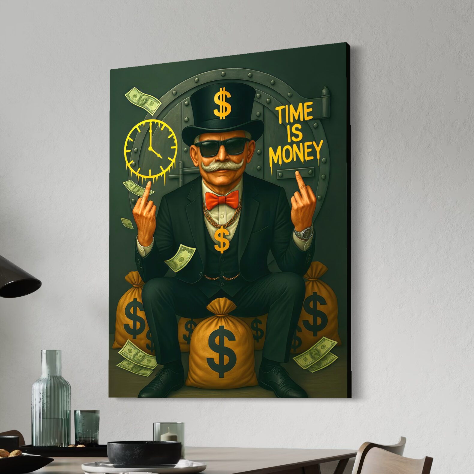 Tableau Street Art Time Is Money – Finance et Réussite Tableau Time Is Money exposé dans une salle à manger moderne représentant un homme d’affaires entouré de symboles financiers et d’une horloge