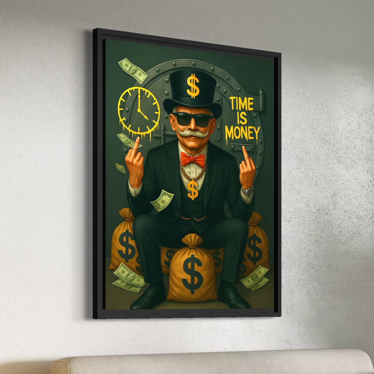 Tableau Street Art Time Is Money – Finance et Réussite Tableau Time Is Money encadré dans un intérieur moderne représentant un homme d’affaires entouré de symboles financiers et d’une horloge