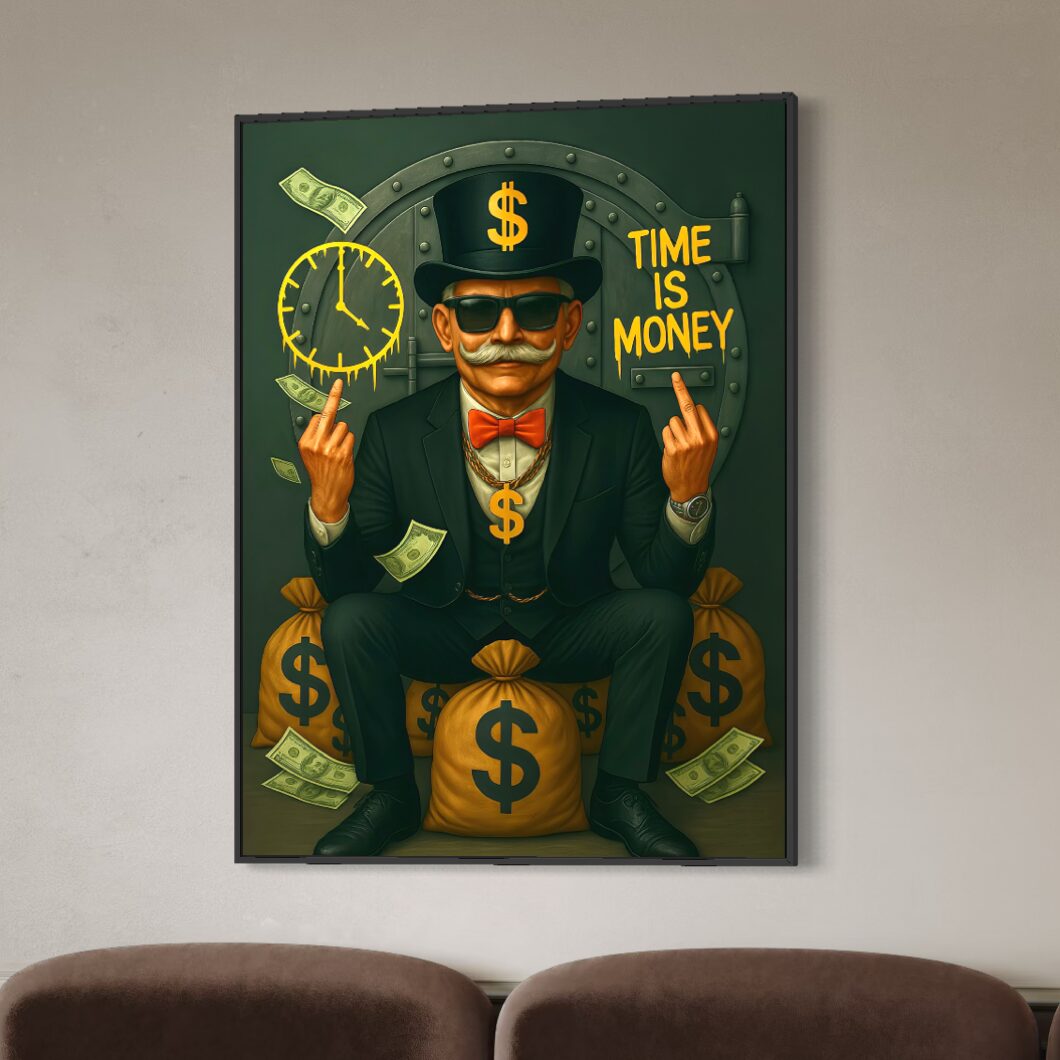 Tableau Street Art Time Is Money – Finance et Réussite Tableau Time Is Money encadré représentant un homme d’affaires assis sur des sacs d’argent dans un intérieur contemporain