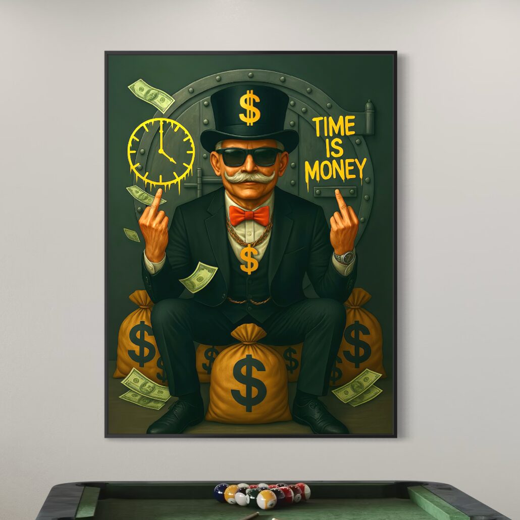 Tableau Street Art Time Is Money – Finance et Réussite Tableau Time Is Money représentant un homme d’affaires entouré d’argent exposé au-dessus d’une table de billard