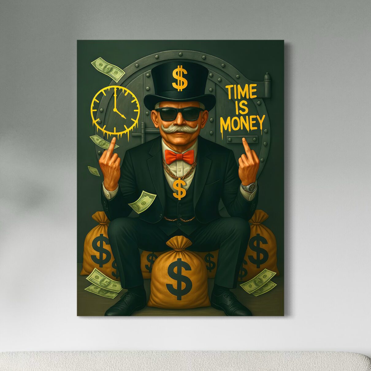 Tableau Street Art Time Is Money – Finance et Réussite Tableau Time Is Money représentant un homme d’affaires assis sur des sacs d’argent devant un coffre-fort avec une horloge et l’inscription Time Is Money