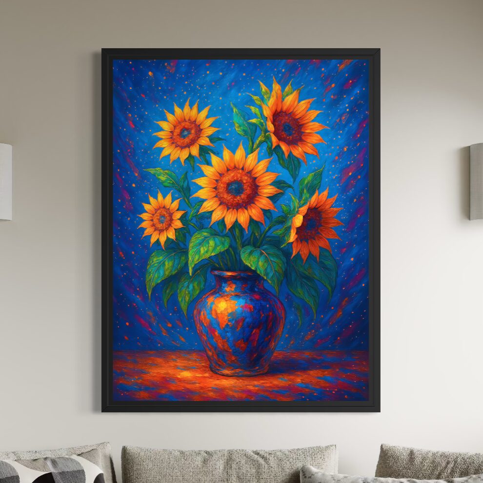 Tableau Tournesol d'Azur – Bouquet de Tournesols Expressionniste | SPEKTRA Tableau Tournesol d'Azur représentant un bouquet de tournesols lumineux dans un vase bleu, œuvre florale expressionniste encadrée par SPEKTRA