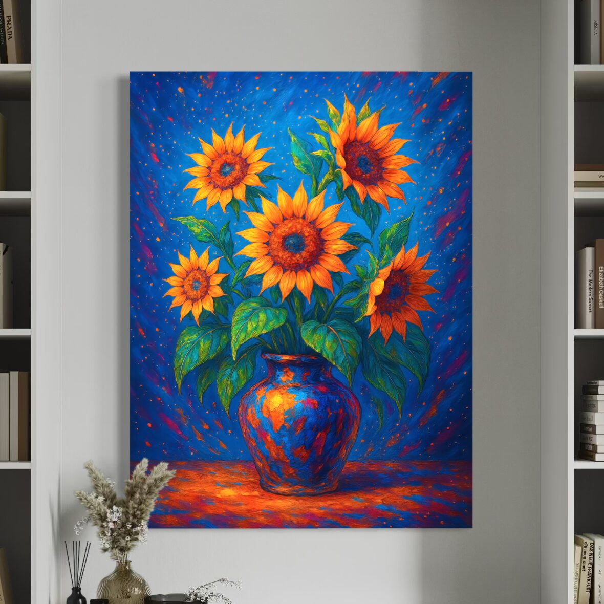 Tableau Tournesol d'Azur – Bouquet de Tournesols Expressionniste | SPEKTRA Tableau Tournesol d'Azur représentant un bouquet de tournesols dans un vase bleu, œuvre florale contemporaine inspirée de Van Gogh et de la peinture expressionniste