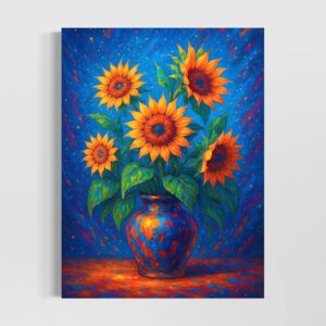 Tableau Tournesol d'Azur représentant un bouquet de tournesols lumineux dans un vase bleu, œuvre florale expressionniste inspirée de Van Gogh par SPEKTRA