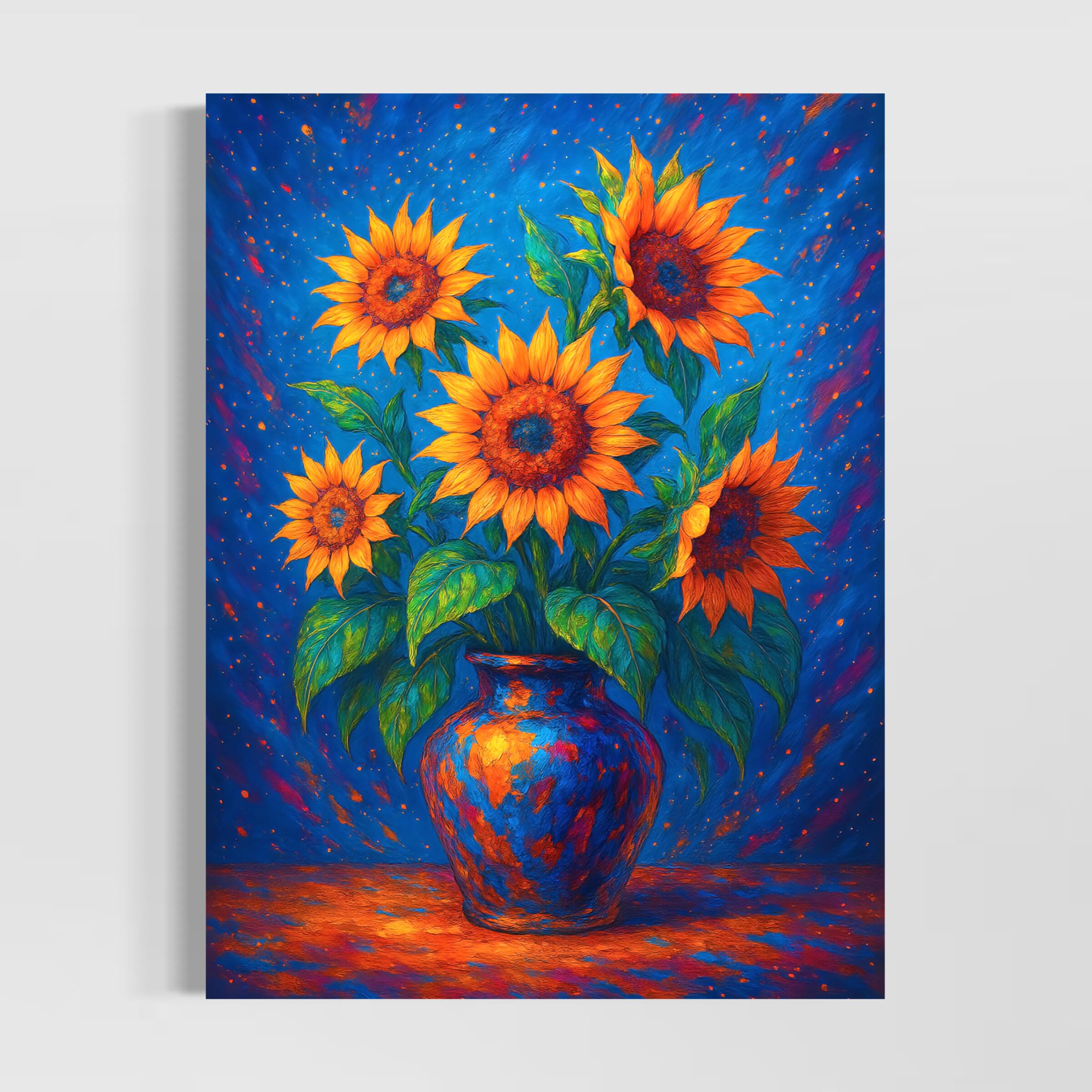 Tableau Tournesol d'Azur – Bouquet de Tournesols Expressionniste | SPEKTRA Tableau Tournesol d'Azur représentant un bouquet de tournesols lumineux dans un vase bleu, œuvre florale expressionniste inspirée de Van Gogh par SPEKTRA