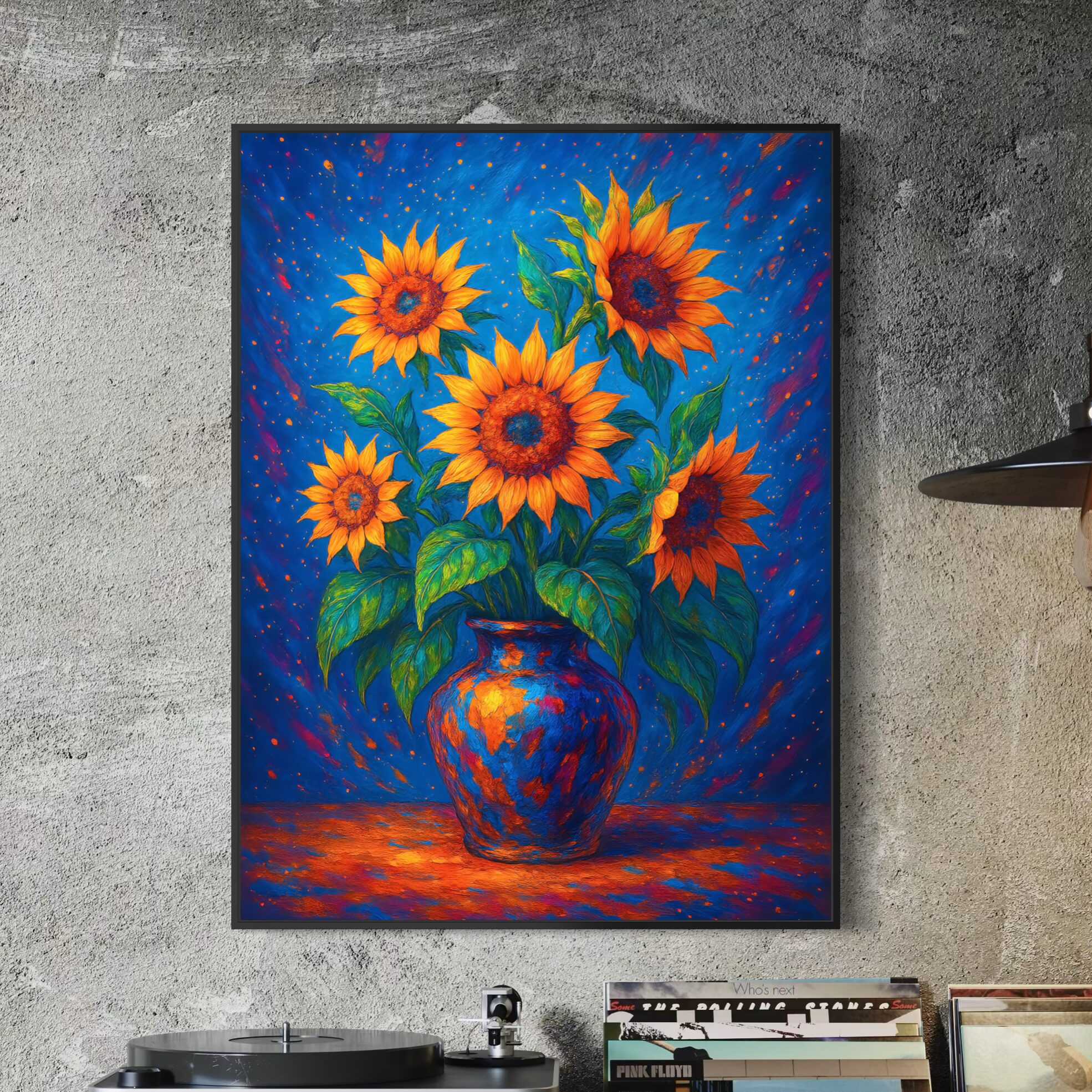Tableau Tournesol d'Azur – Bouquet de Tournesols Expressionniste | SPEKTRA Tableau Tournesol d'Azur avec bouquet de tournesols expressionnistes dans un vase bleu, décoration murale florale colorée et contemporaine par SPEKTRA