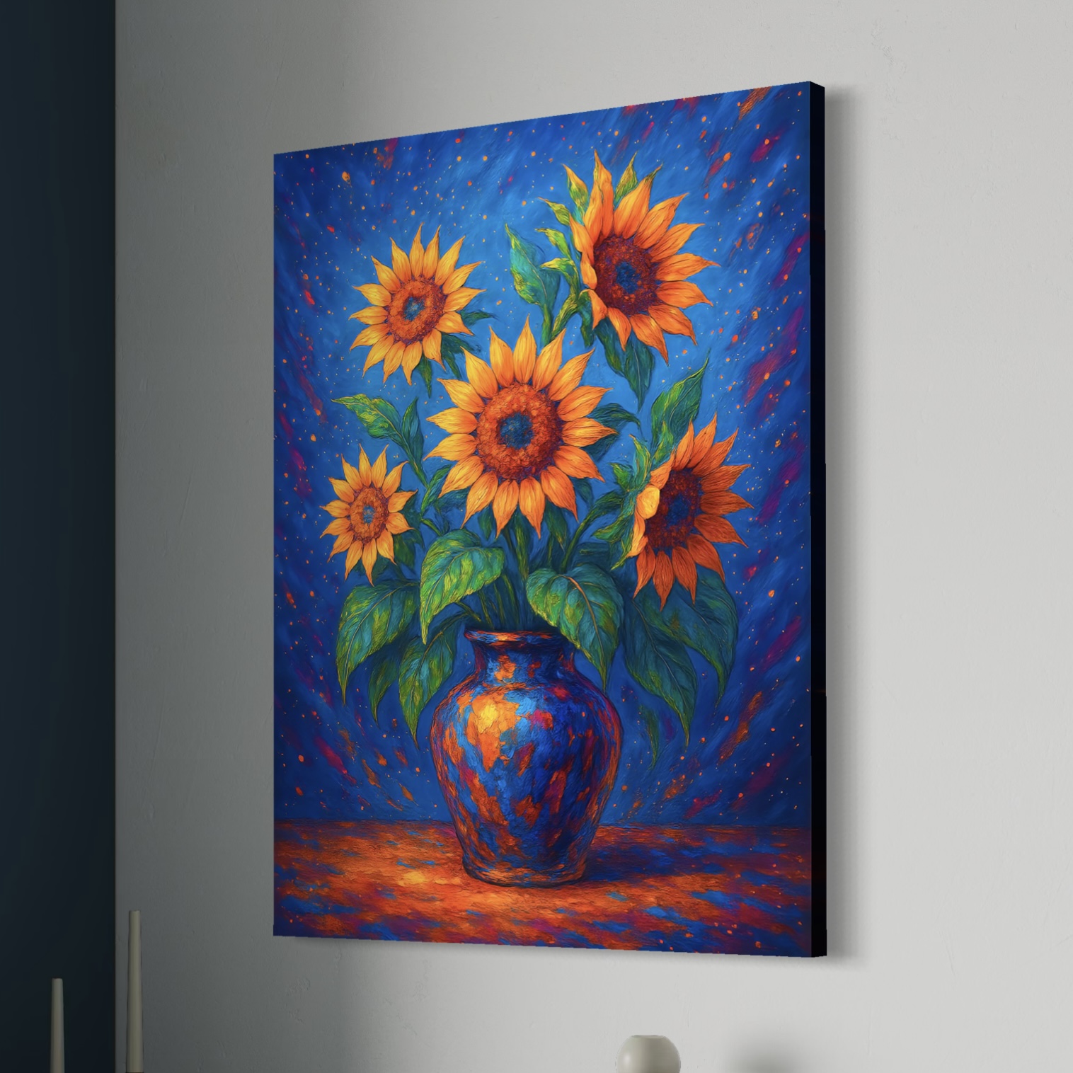 Tableau Tournesol d'Azur – Bouquet de Tournesols Expressionniste | SPEKTRA Tableau Tournesol d'Azur avec bouquet de tournesols lumineux dans un vase bleu, œuvre florale contemporaine colorée inspirée de Van Gogh