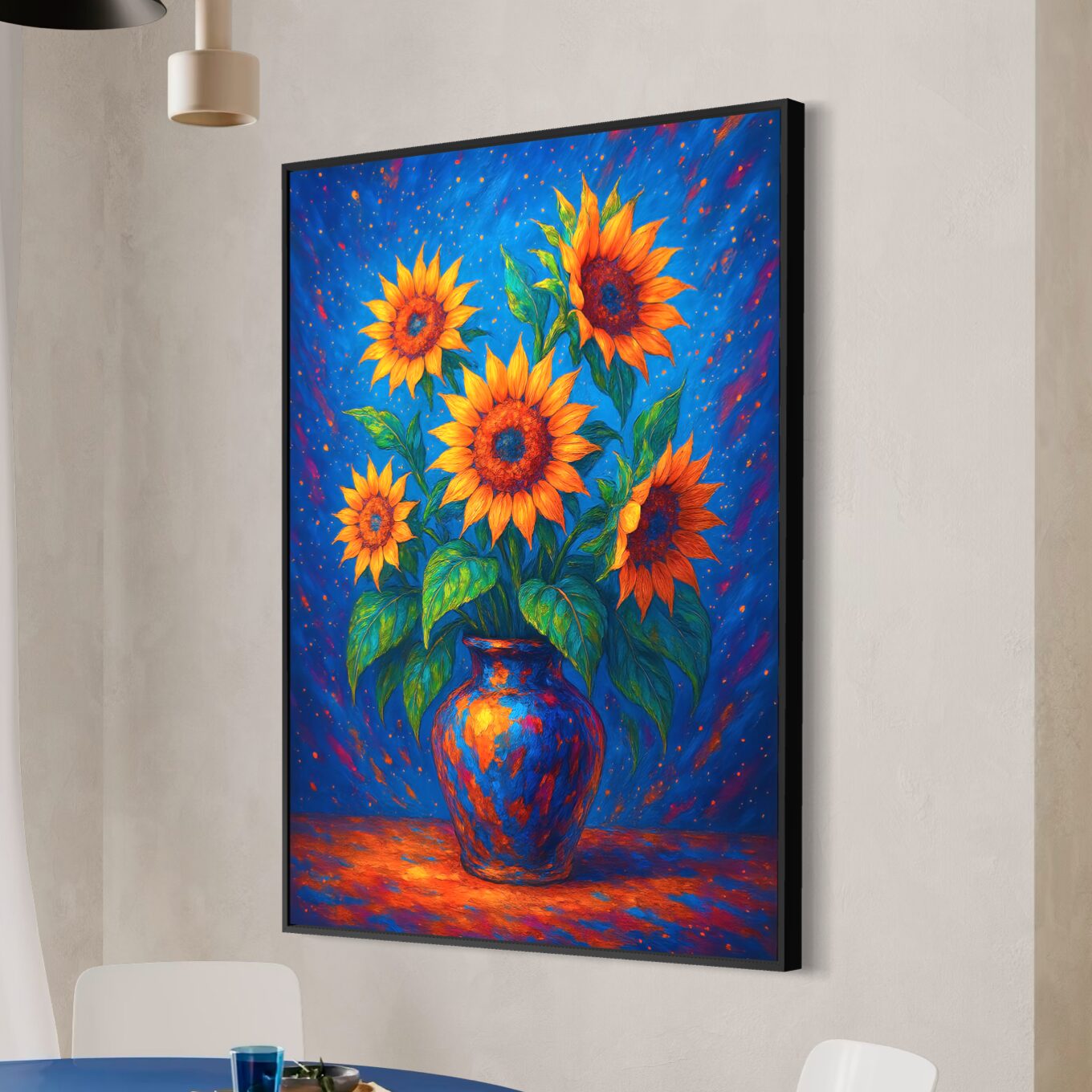 Tableau Tournesol d'Azur – Bouquet de Tournesols Expressionniste | SPEKTRA Tableau Tournesol d'Azur avec bouquet de tournesols lumineux dans un vase bleu, œuvre florale contemporaine encadrée inspirée de Van Gogh