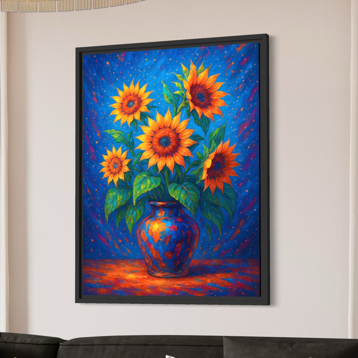 Tableau Tournesol d'Azur – Bouquet de Tournesols Expressionniste | SPEKTRA Tableau Tournesol d'Azur représentant des tournesols lumineux dans un vase bleu, œuvre florale contemporaine inspirée de l'expressionnisme et de Van Gogh