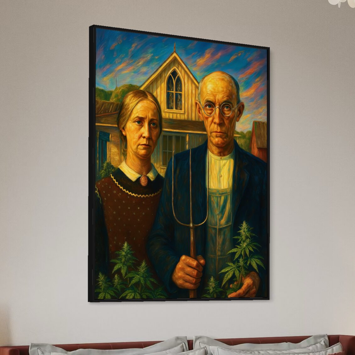 Tableau Tradition Rebelle – Art Classique Réinventé Tableau Tradition Rebelle encadré dans un salon moderne, réinterprétation contemporaine d’American Gothic symbolisant liberté, indépendance et anticonformisme