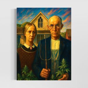 Tableau Tradition Rebelle inspiré du style American Gothic revisité avec des plants de cannabis dans une scène rurale contemporaine