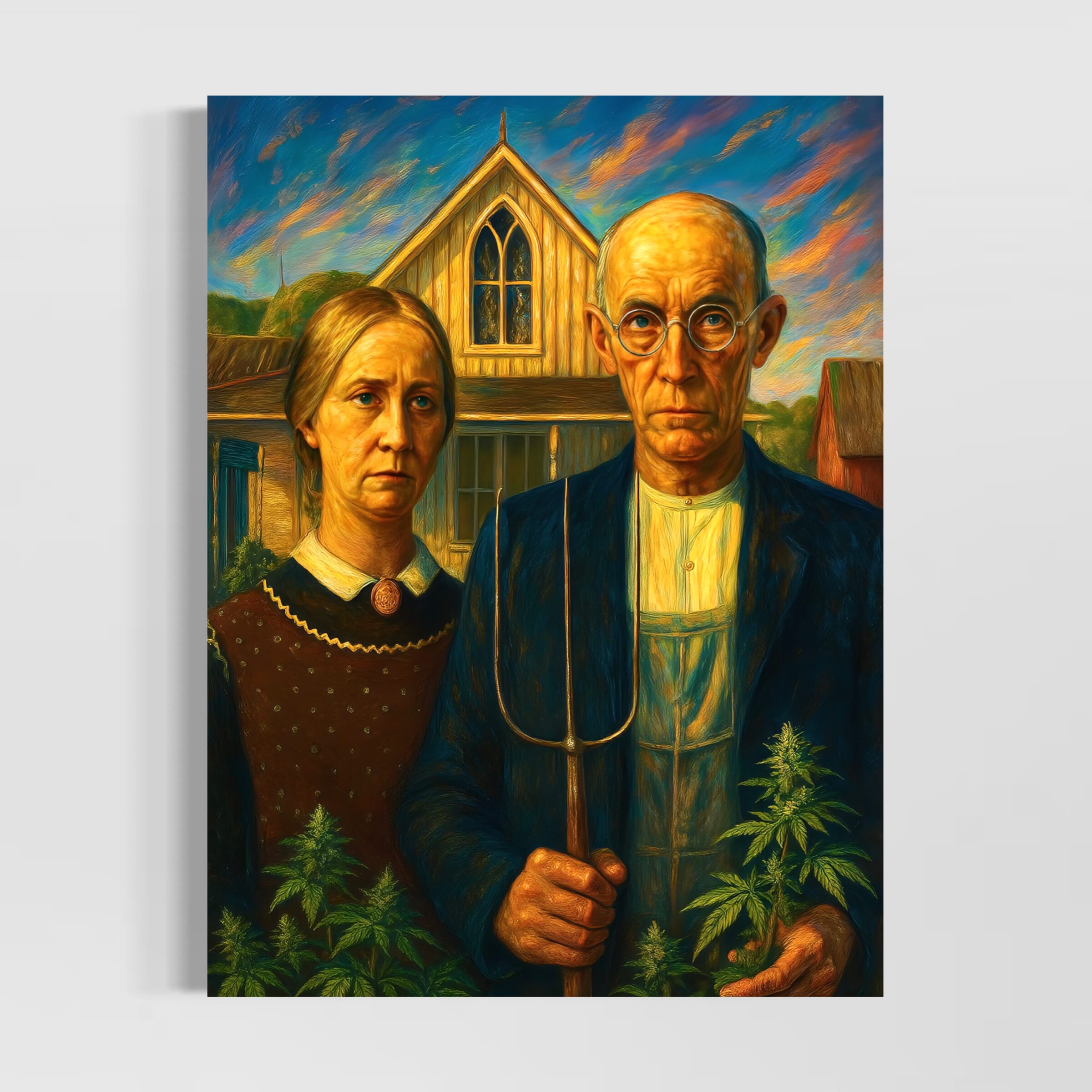Tableau Tradition Rebelle – Art Classique Réinventé Tableau Tradition Rebelle inspiré du style American Gothic revisité avec des plants de cannabis dans une scène rurale contemporaine