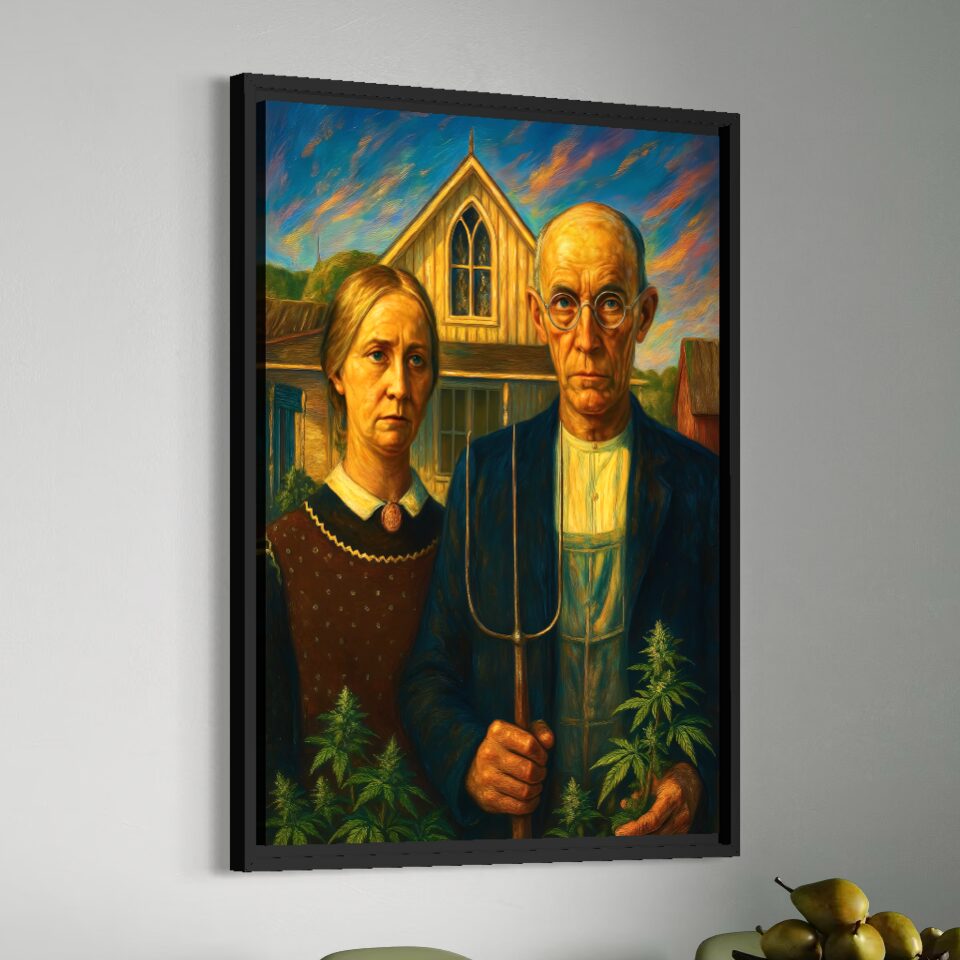 Tableau Tradition Rebelle – Art Classique Réinventé Tableau Tradition Rebelle avec cadre noir, inspiré d’American Gothic revisité dans une œuvre contemporaine symbole de liberté et d’anticonformisme