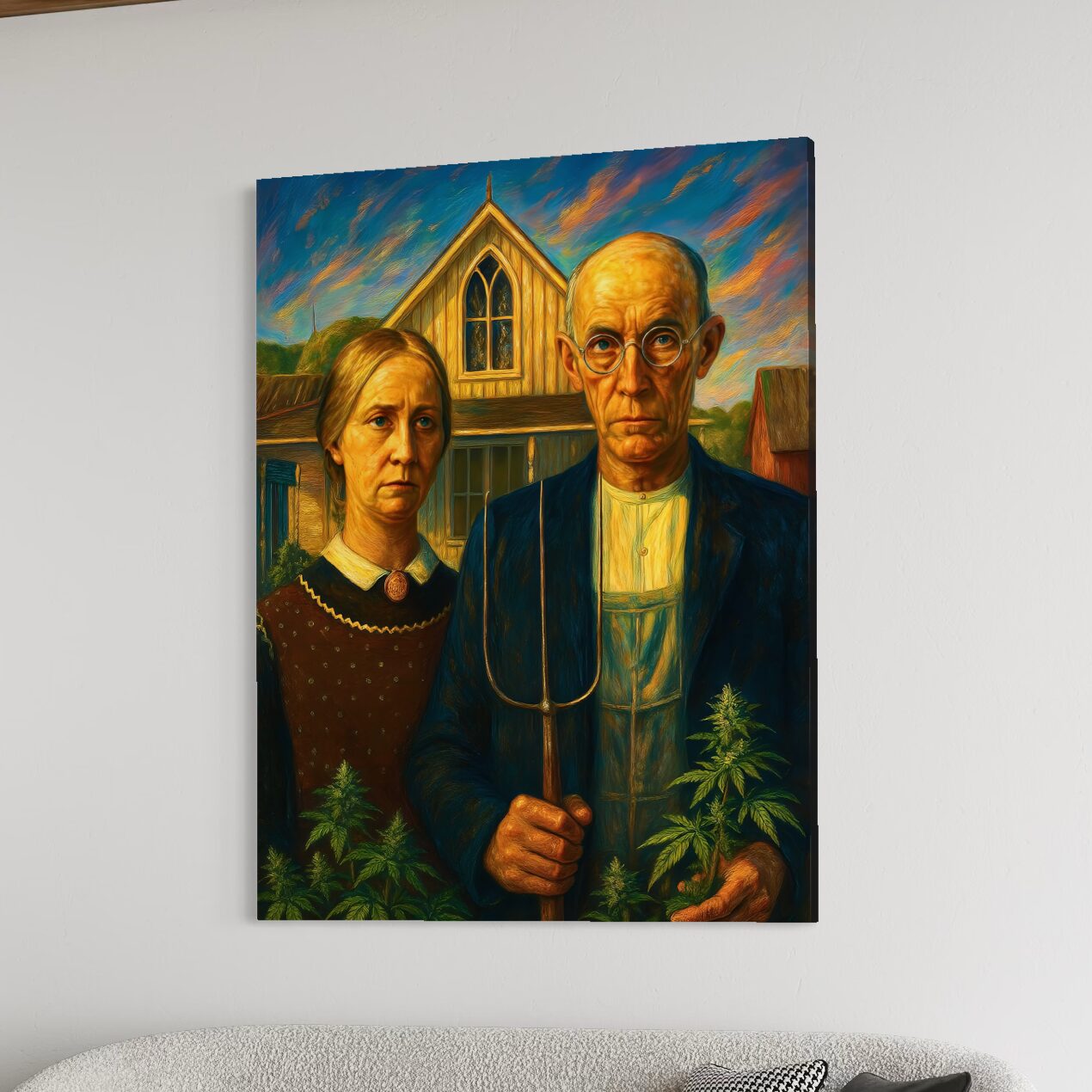 Tableau Tradition Rebelle – Art Classique Réinventé Tableau Tradition Rebelle exposé dans un intérieur moderne, revisite contemporaine d’American Gothic symbolisant liberté, anticonformisme et indépendance