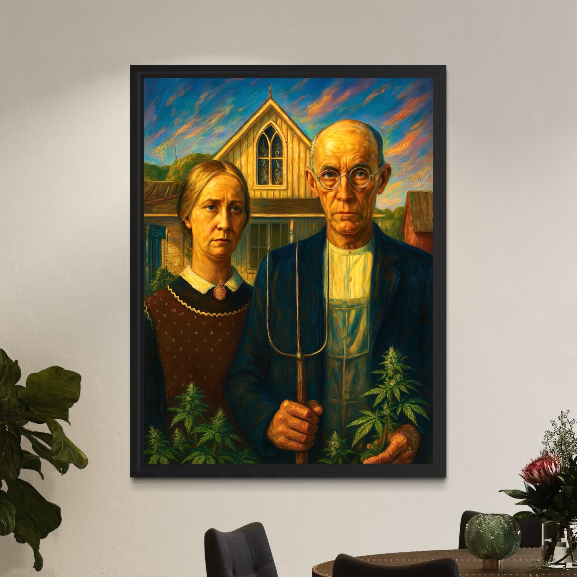 Tableau Tradition Rebelle – Art Classique Réinventé Tableau Tradition Rebelle exposé dans un salon contemporain, œuvre inspirée d’American Gothic revisité mêlant tradition, liberté et esprit anticonformiste tradition rebelle